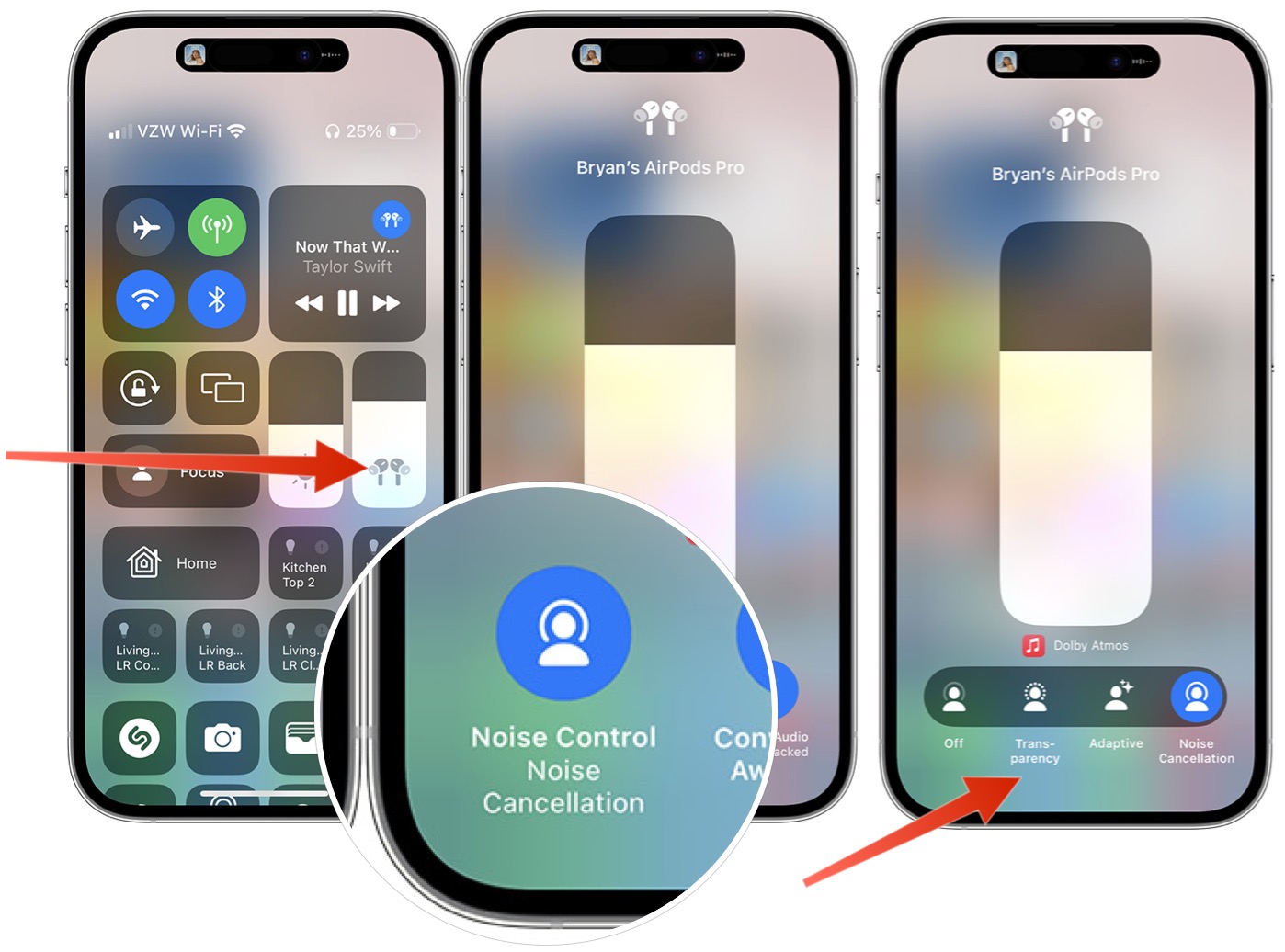Screenshots showing noise control for AirPods on iPhone.