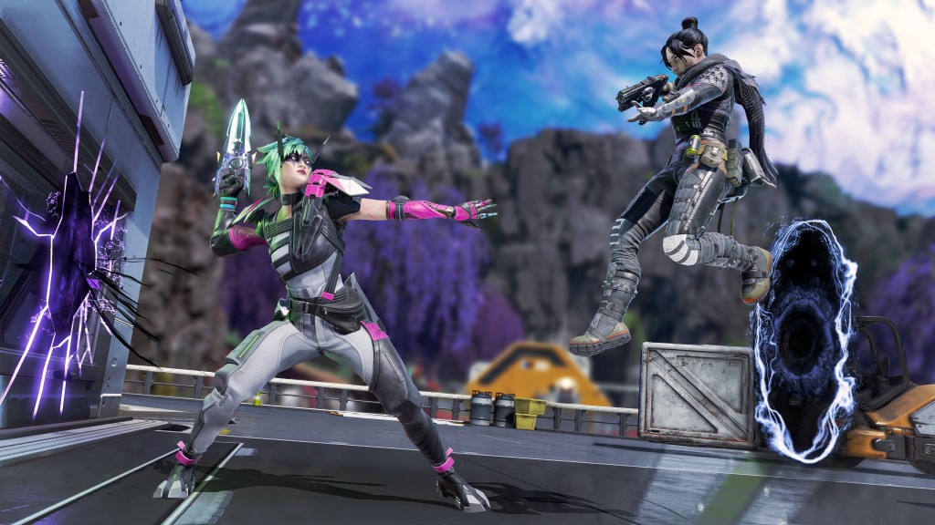 Two characters face off at close range in Apex Legends.