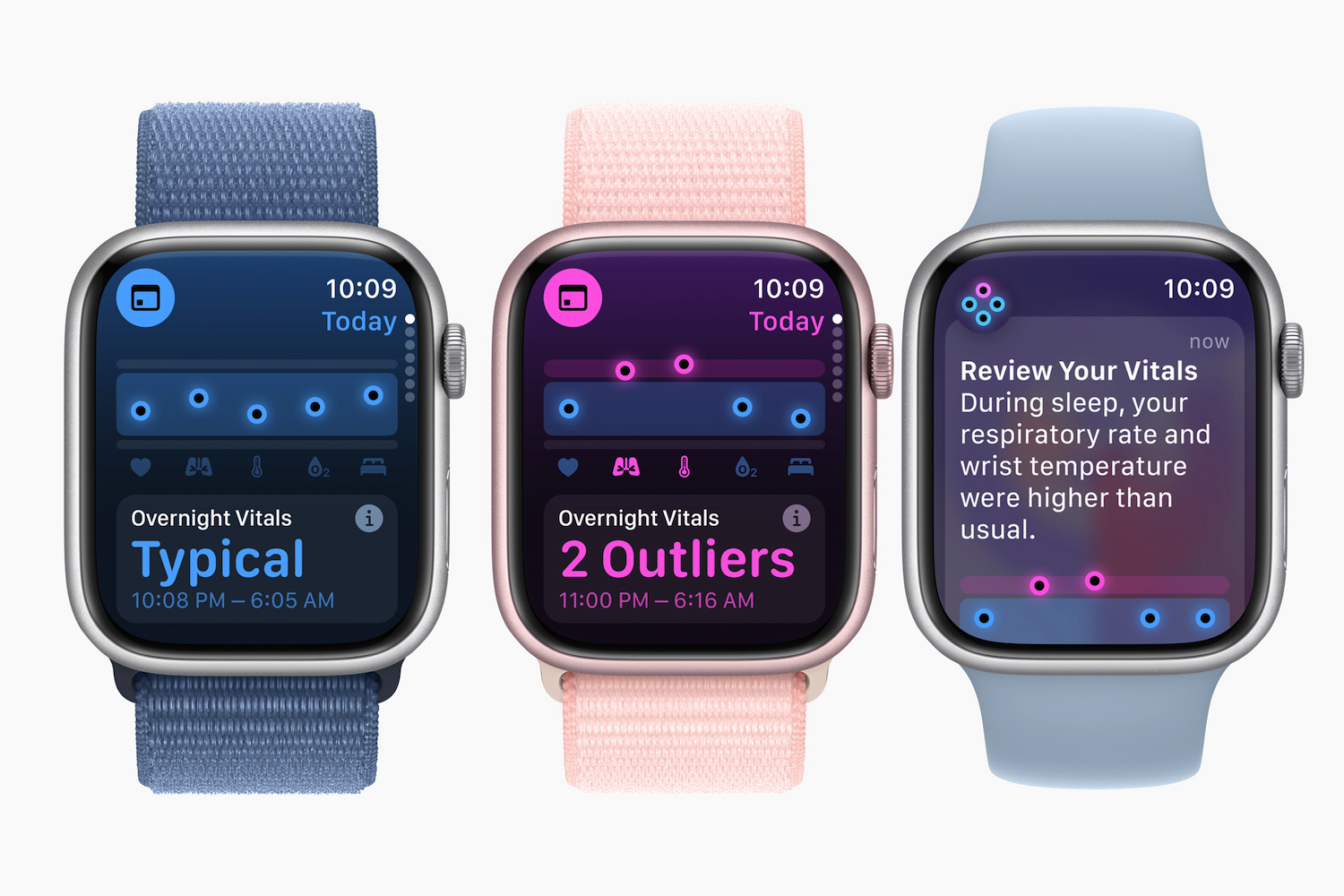 Capturas de pantalla de la app Apple Vitals en el Apple Watch.