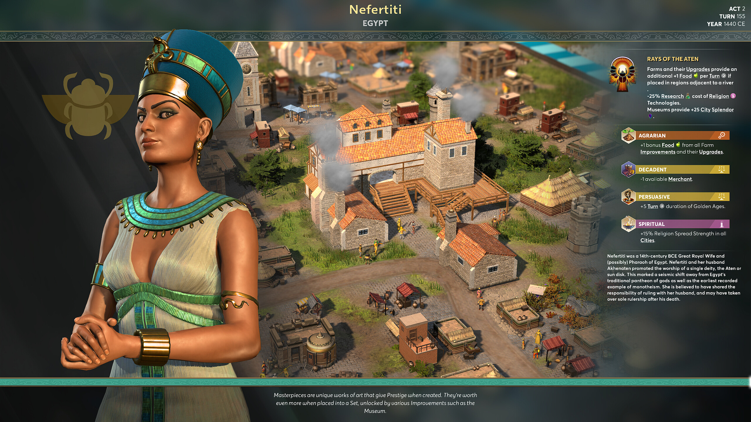 Nefertiti in Egypt menu in Ara: History Untold. An upgrade on screen is called Rays of the Aten: Farms and their Upgrades provide an additional +1 food per turn