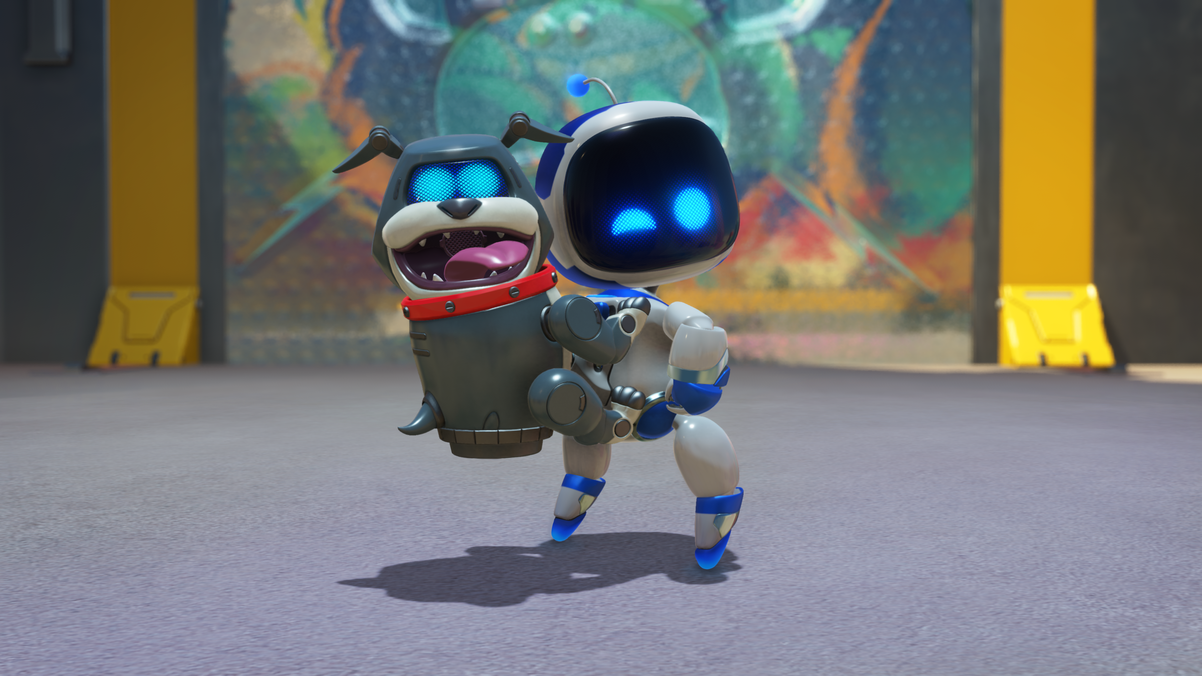 Astro Bot wears a dog backpack.