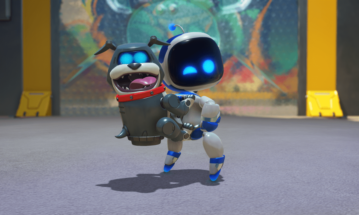 Astro Bot wears a dog backpack.