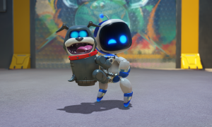 Astro Bot wears a dog backpack.