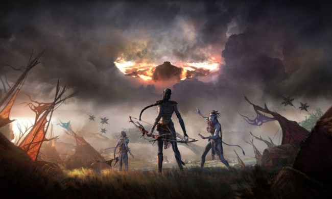 Three Na'vi standing in front of a dark, fiery sky amongst burned tents.