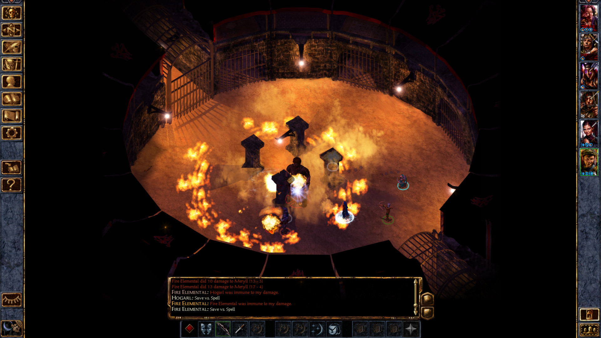 Tu grupo luchando contra los elementales de fuego en un momento en Baldur's Gate: Enhanced Edition. Hay un cuadro de diálogo en la parte inferior y menús a ambos lados.