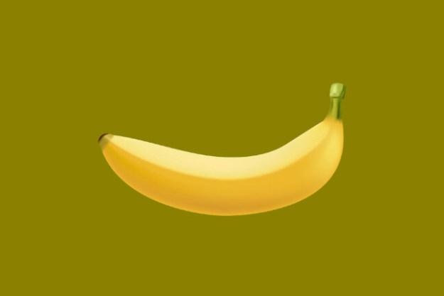 An illustration of a regular banana against an olive green b ackground.
