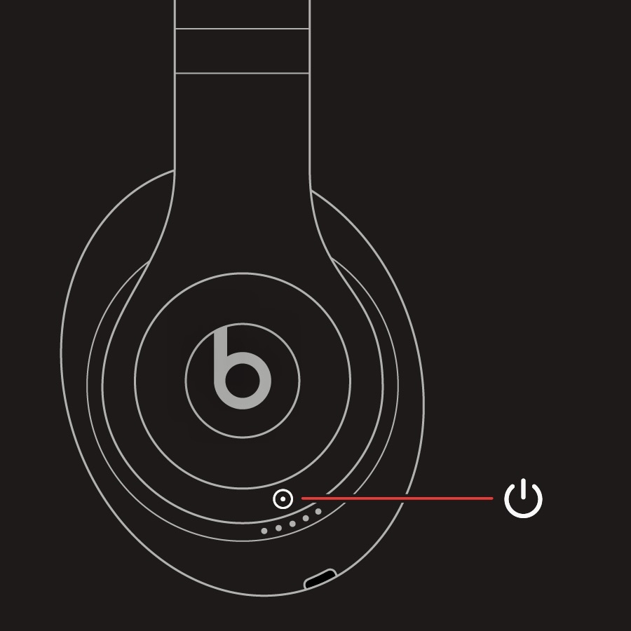 The red line pointing to the power button on the Beats Studio Pro.