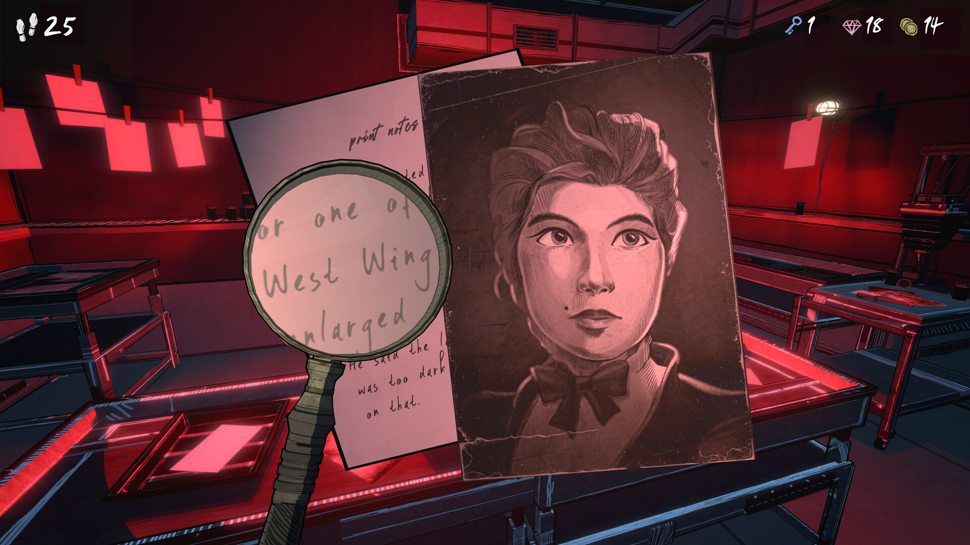 A magnifying glass hovers over a clue in Blue Prince.