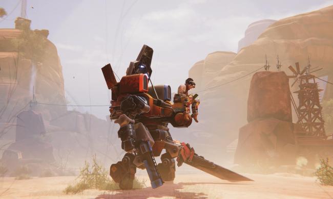 A mech stands in a desert in Bounty Star.