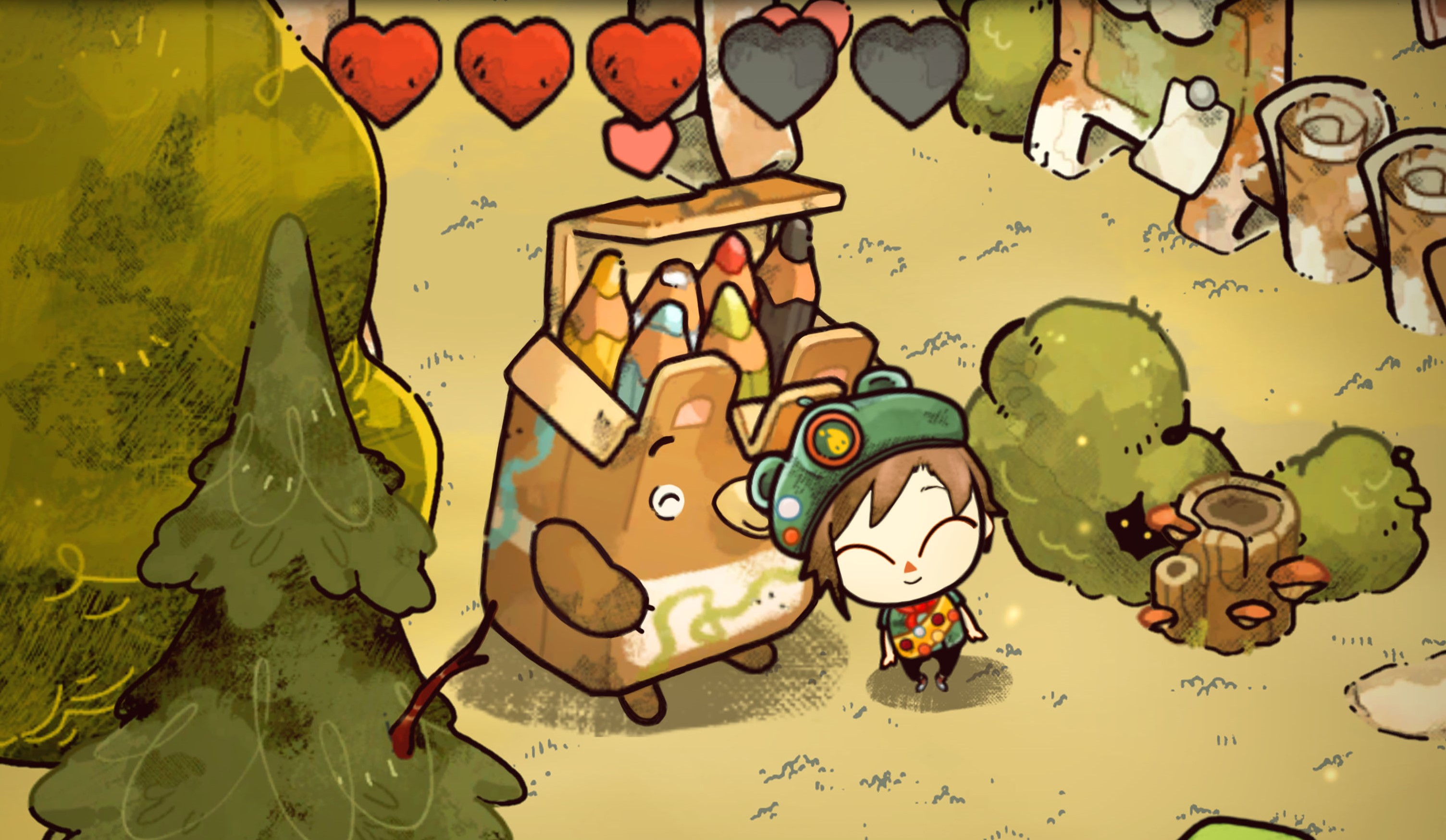 Tu personaje explorador se encuentra junto a un oso sonriendo con tres de cinco corazones encima.