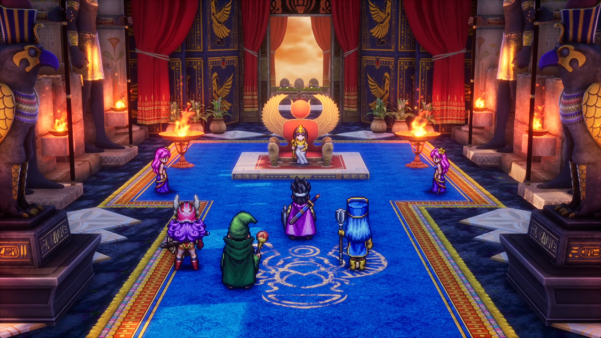 Um grupo de RPG está em uma sala do trono em Dragon Quest 3: HD-2D Remake.