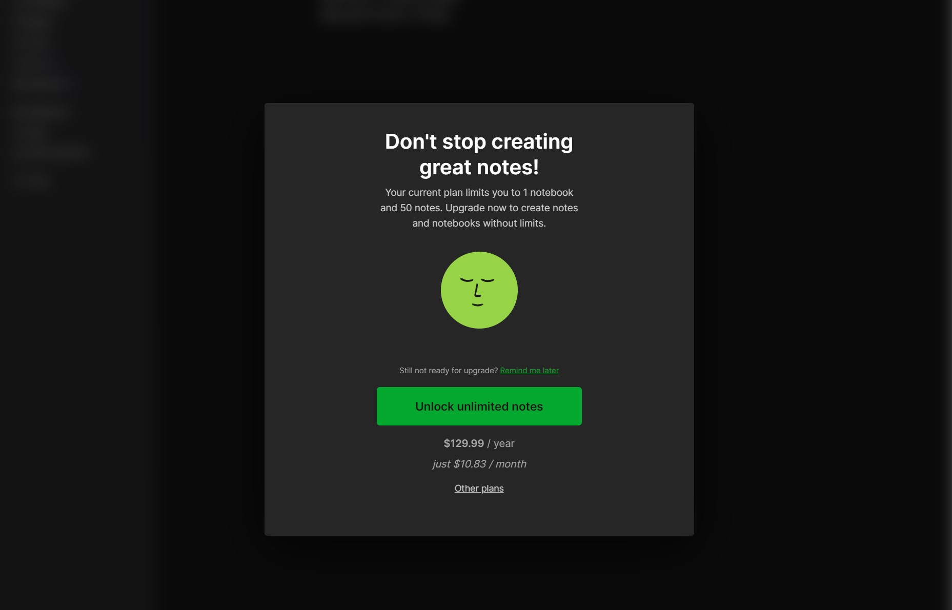 A popup for Evernote asking a user to upgrade.