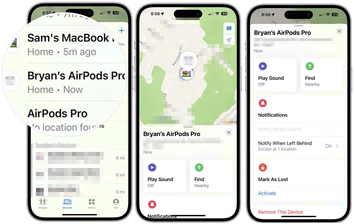 Screenshots showing steps to find lost AirPods in the Find My app on iPhone.