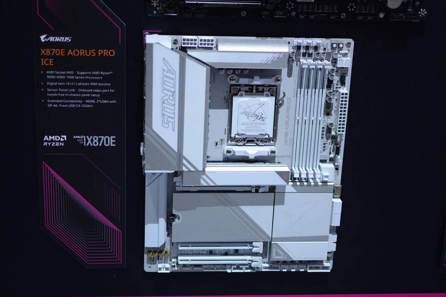 The Gigabyte Z Aorus Elite Wi-Fi 7 Ice motherboard showcased at Computex 2024.