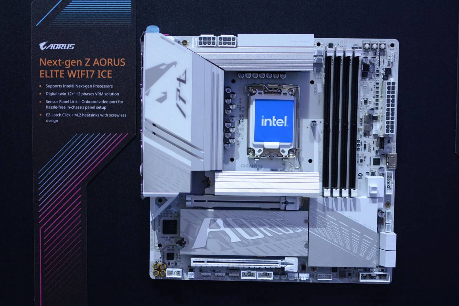 The Gigabyte X870E Aorus Pro Ice motherboard showcased at Computex 2024.