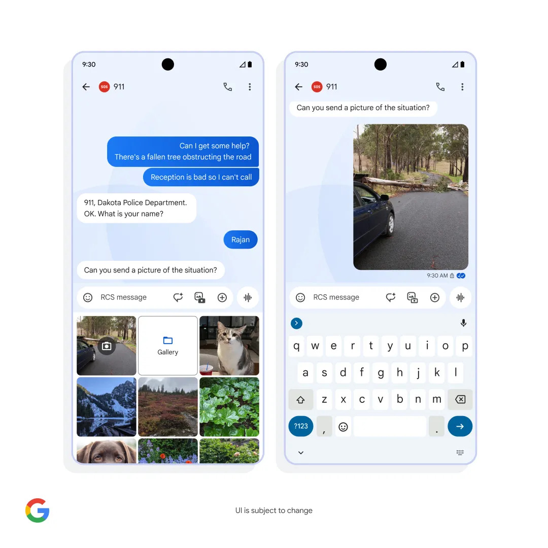 UI mockup of Google Messages RCS to 911 feature.