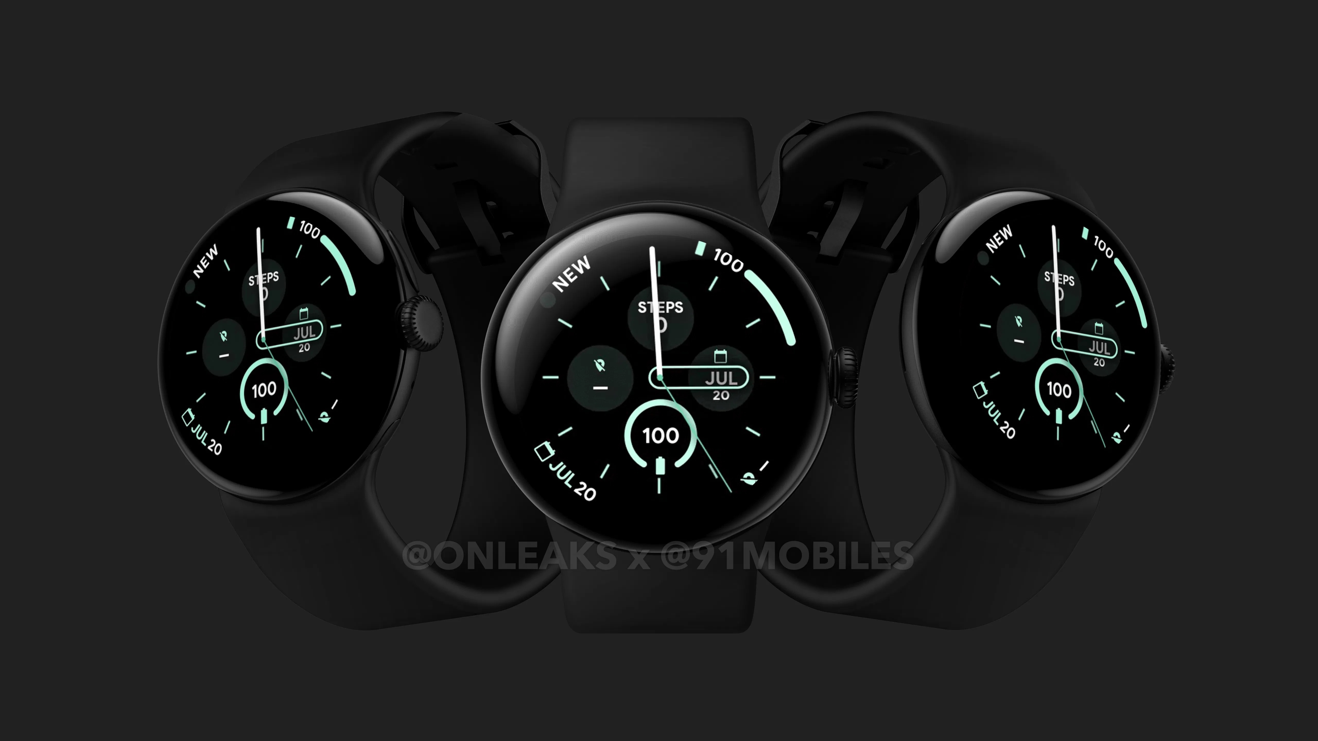 Images showing a rendering for the Google Pixel Watch 3.