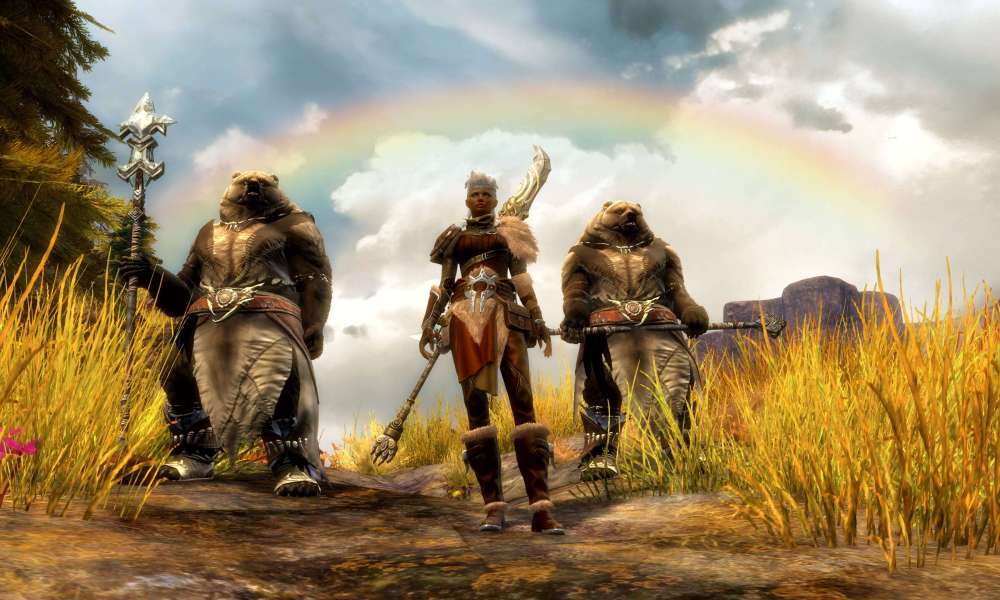 Three characters, including two humanoid bears, holding spears in Guild Wars 2.