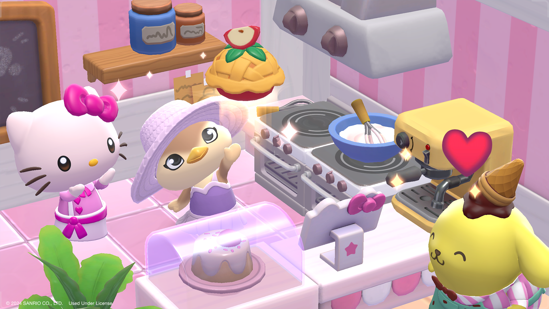 Hello Kitty prepares food at a cafe in Hello Kitty: Island Adventure.