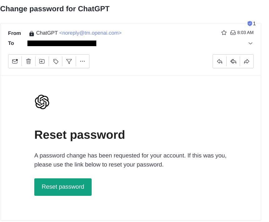 L'e-mail de réinitialisation du mot de passe ChatGPT