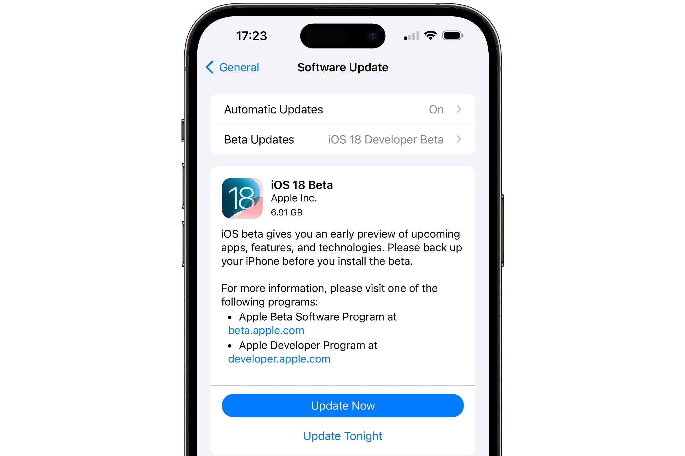 iPhone showing iOS 18 Developer Beta Software Update.
