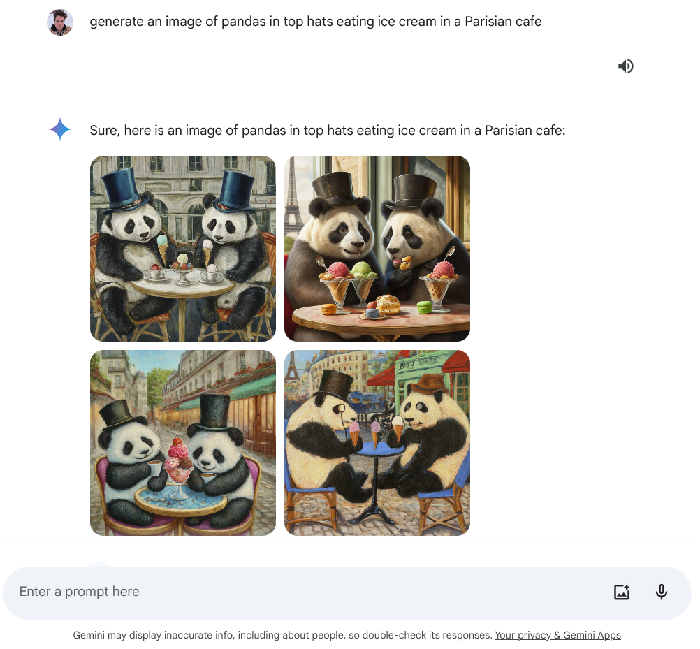 Pandas con sombreros de copa comiendo helado en un café parisino