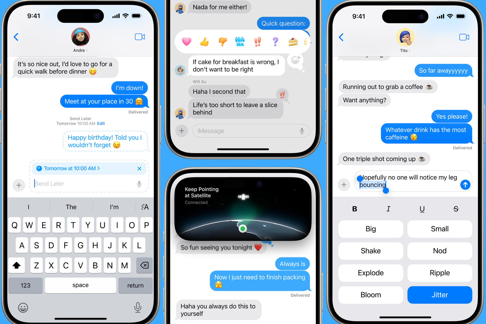 Screenshots of various new iMessage features in iOS 18.