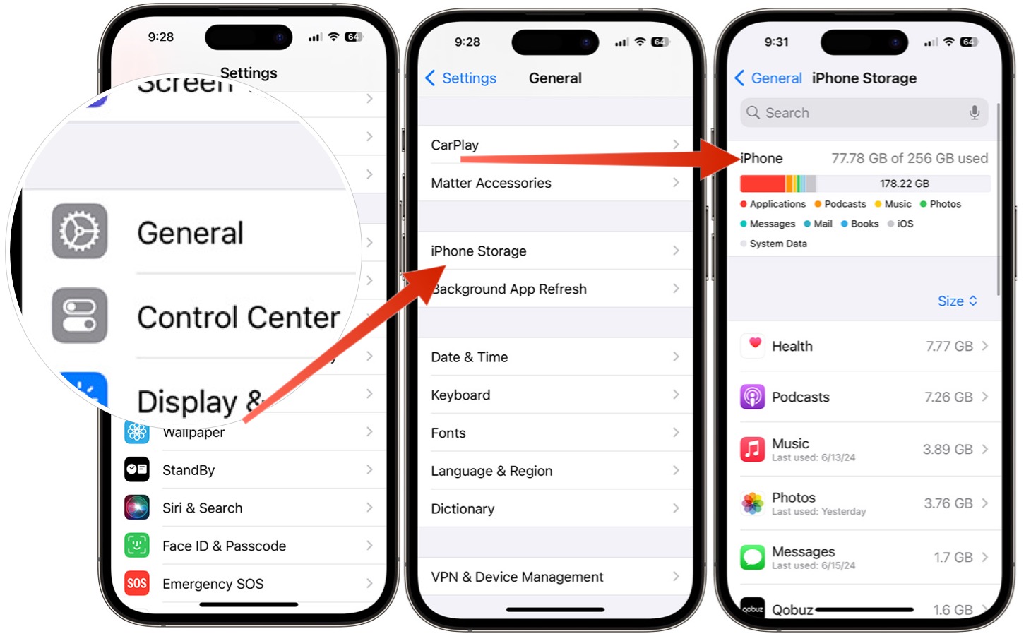 Screenshots showing how to find storage information on your iPhone.