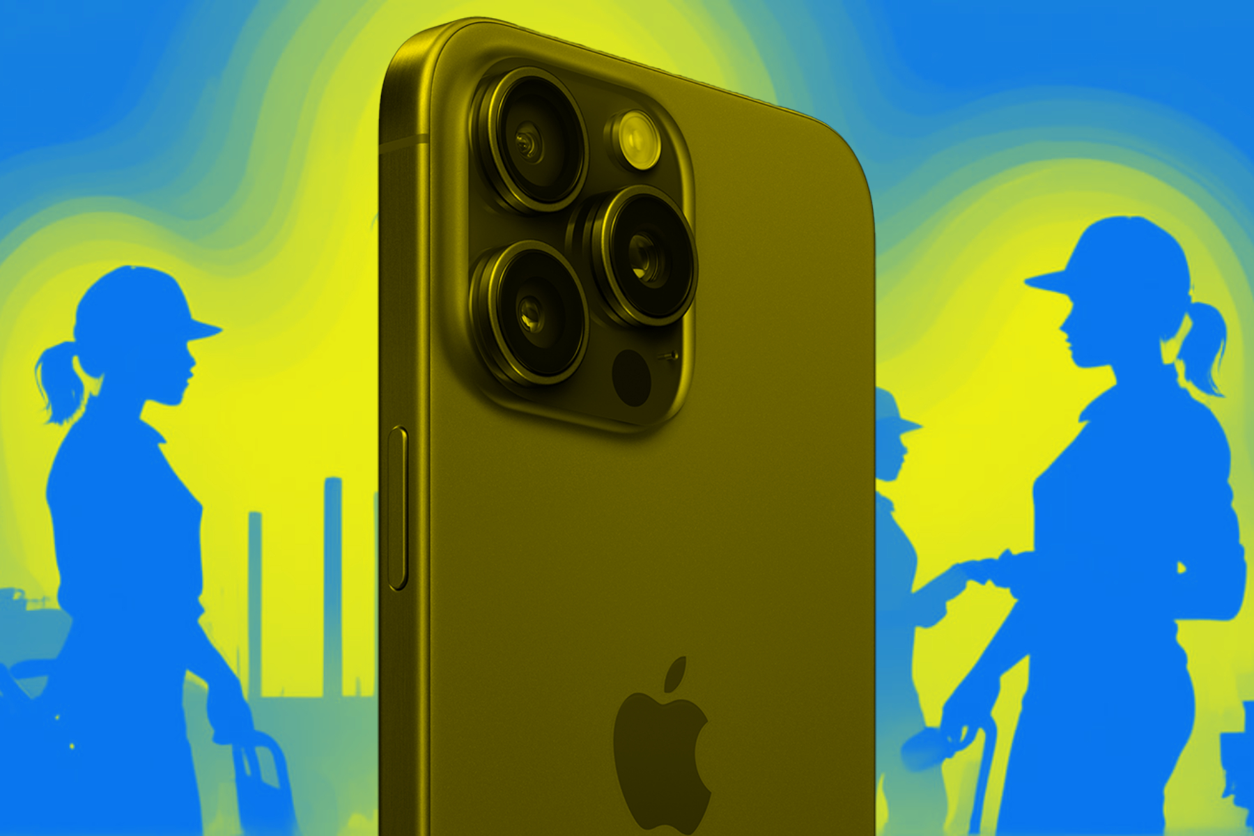 Render de un iPhone y trabajadoras.