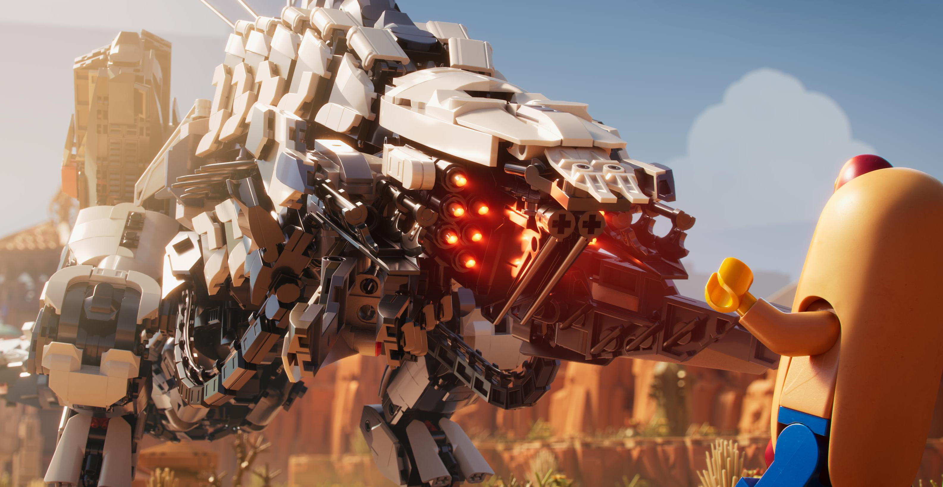 Um Thunderjaw ruge em Lego Horizon Adventures.