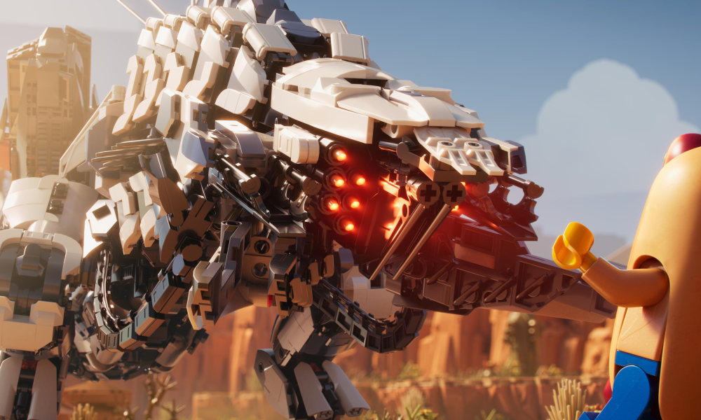 A Thunderjaw roars in Lego Horizon Adventures.