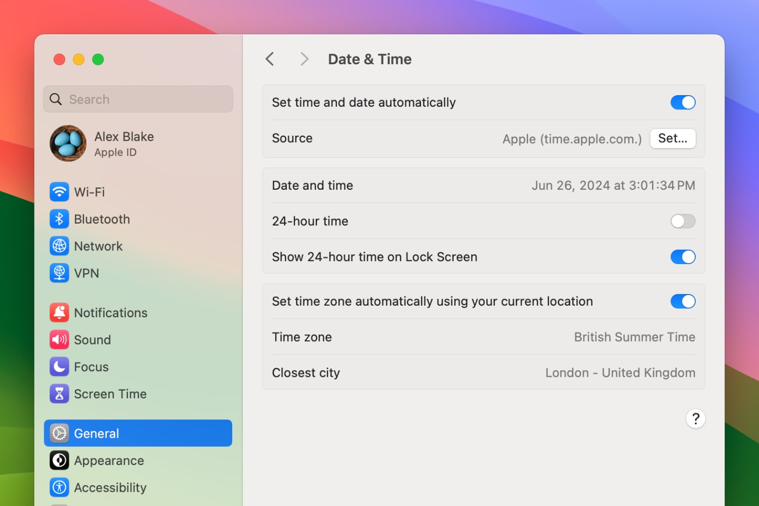 Changing the Date & Time settings in the System Settings app in macOS Sonoma.