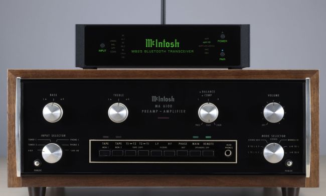 McIntosh MB25 Bluetooth transceiver stacked on top of a vintage McIntosh amp.