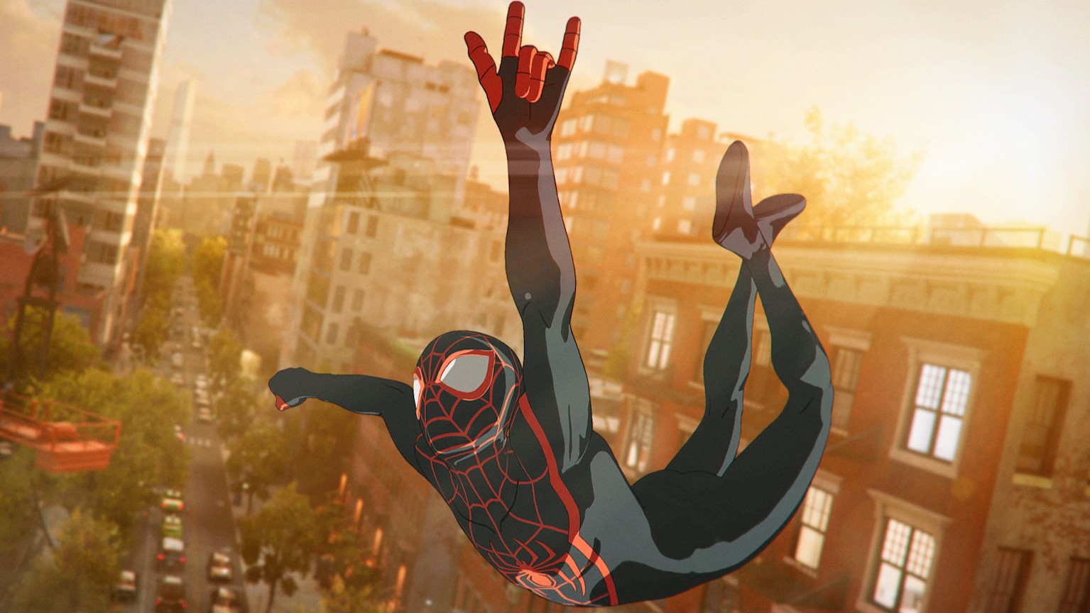 Marvel's Spider-Man 2 비디오 게임에서 돌아다니는 애니메이션 Miles Morales