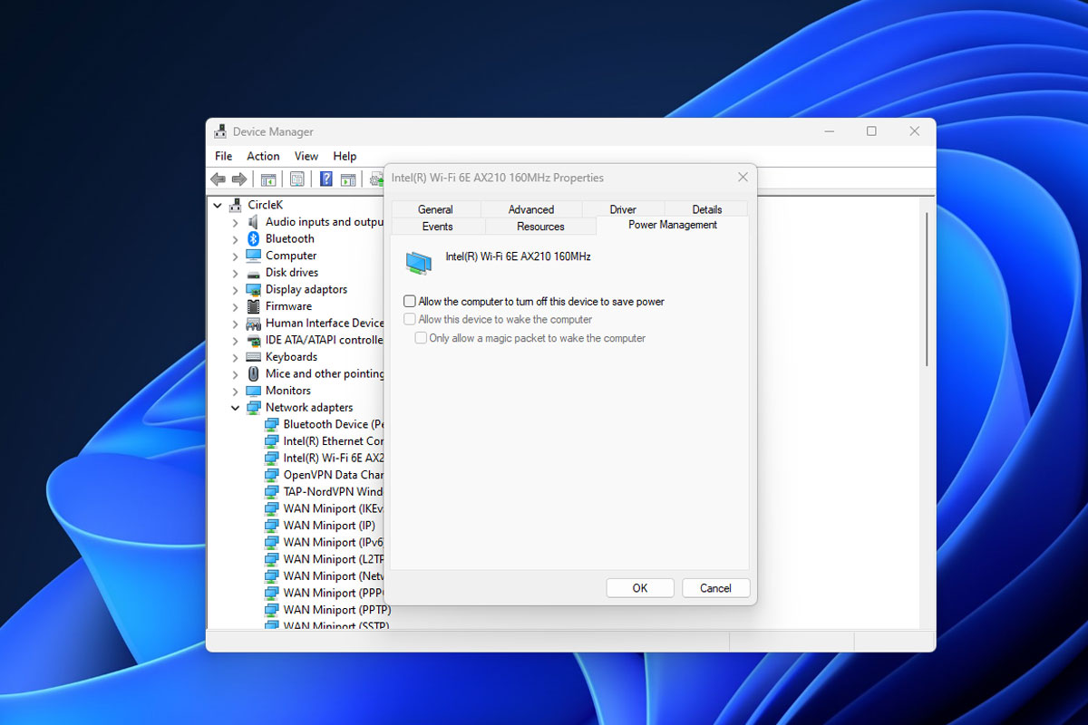 Ajuste o gerenciamento de energia do adaptador de rede no Windows 11.