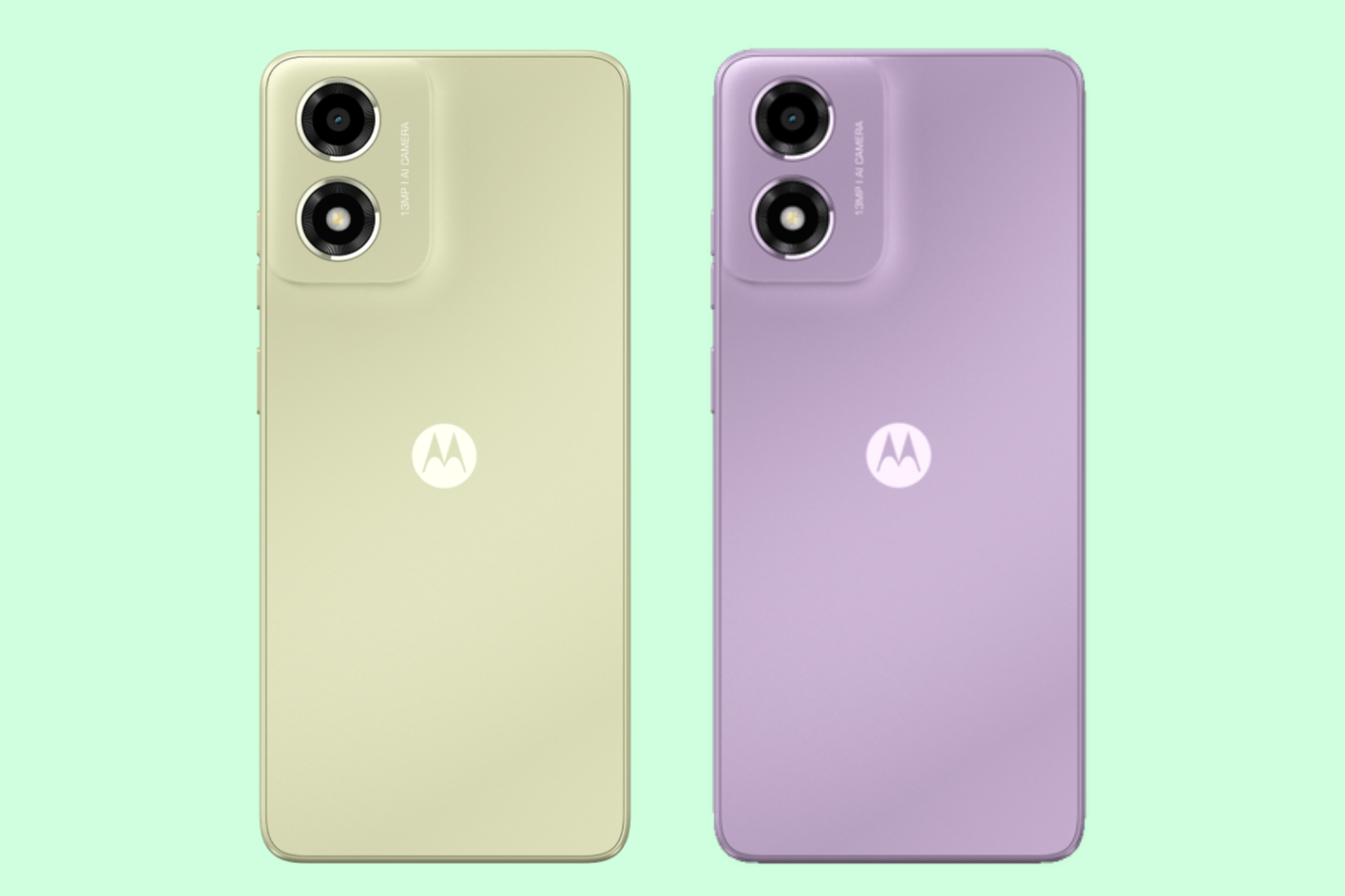 O Motorola E14 nas cores verde e roxo.