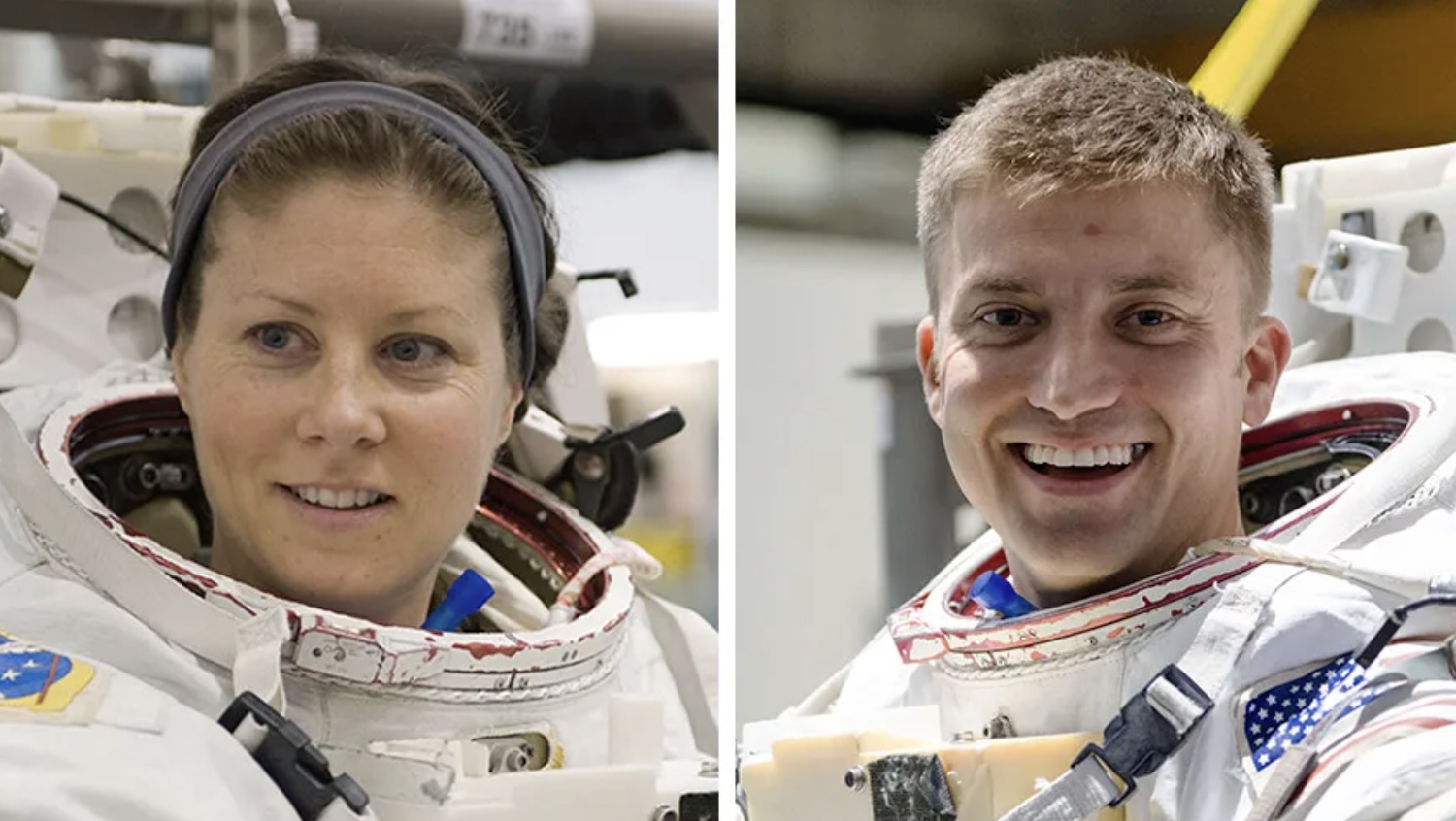 Los astronautas de la NASA Tracy C. Dyson y Matthew Dominick durante el entrenamiento de caminata espacial en Houston, Texas.