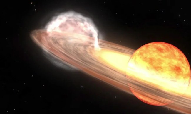A red giant star and white dwarf orbit each other in this animation of a nova similar to T Coronae Borealis. The red giant is a large sphere in shades of red, orange, and white, with the side facing the white dwarf the lightest shades. The white dwarf is hidden in a bright glow of white and yellows, which represent an accretion disk around the star. A stream of material, shown as a diffuse cloud of red, flows from the red giant to the white dwarf. When the red giant moves behind the white dwarf, a nova explosion on the white dwarf ignites, creating a ball of ejected nova material shown in pale orange. After the fog of material clears, a small white spot remains, indicating that the white dwarf has survived the explosion.