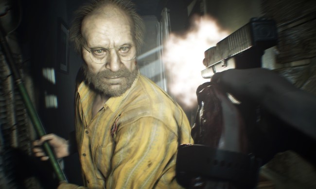Jack Baker getting shot at by Ethan Winters in Resident Evil 7