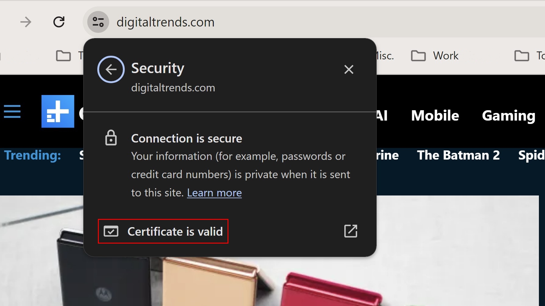 Valid certificate on Digital Trends.
