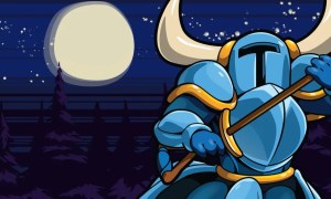 Shovel Knight with his weapon standing in front of a night sky with a full moon.