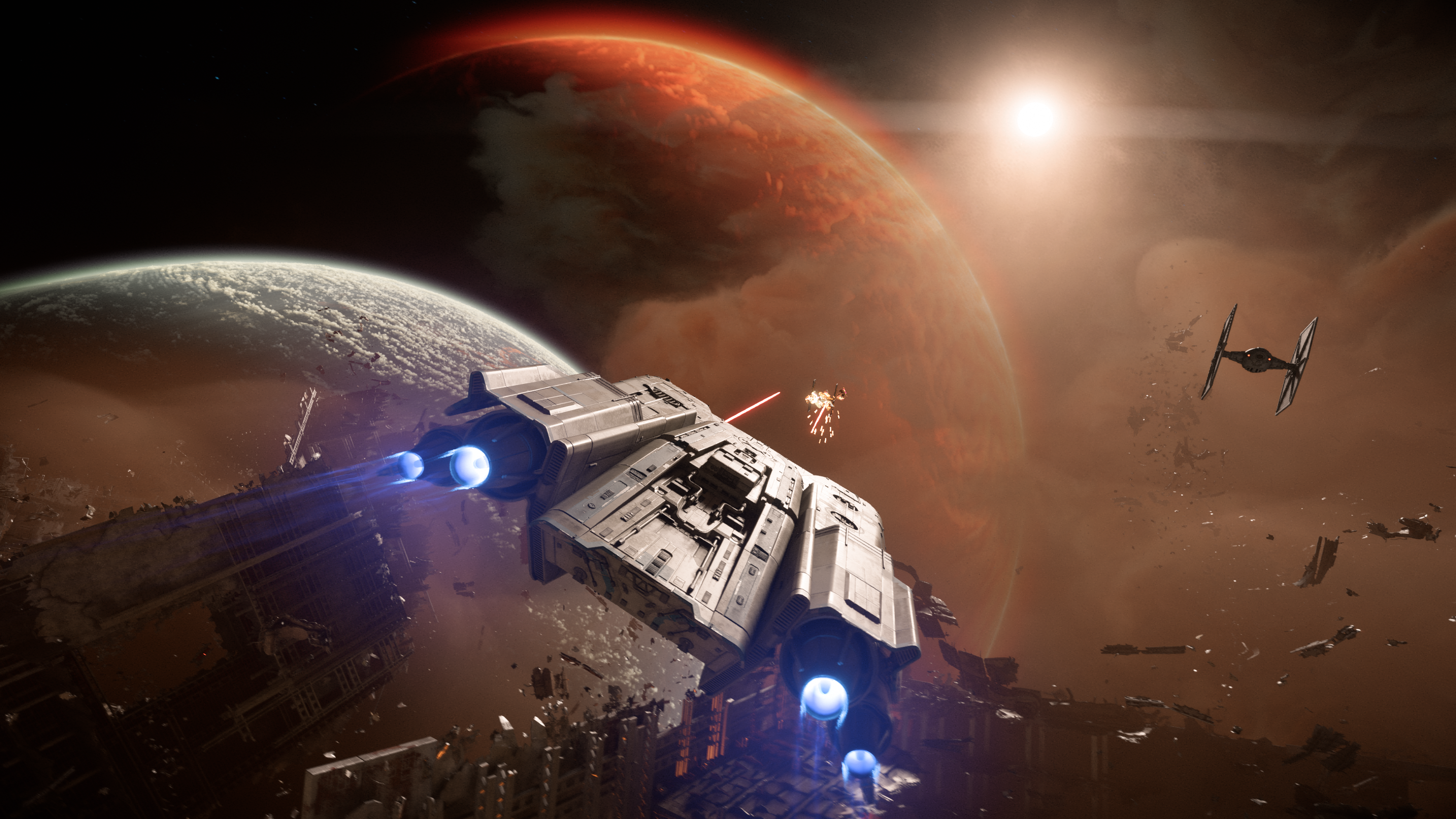 A ship flies through space in Star Wars Outlaws.