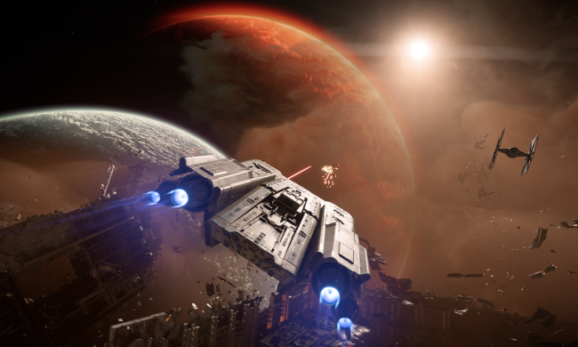 A ship flies through space in Star Wars Outlaws.