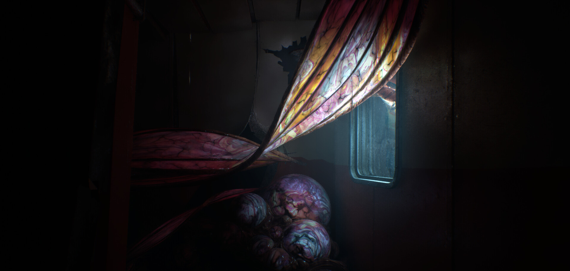 A fleshy monster sits near a door in Still Wakes the Deep.