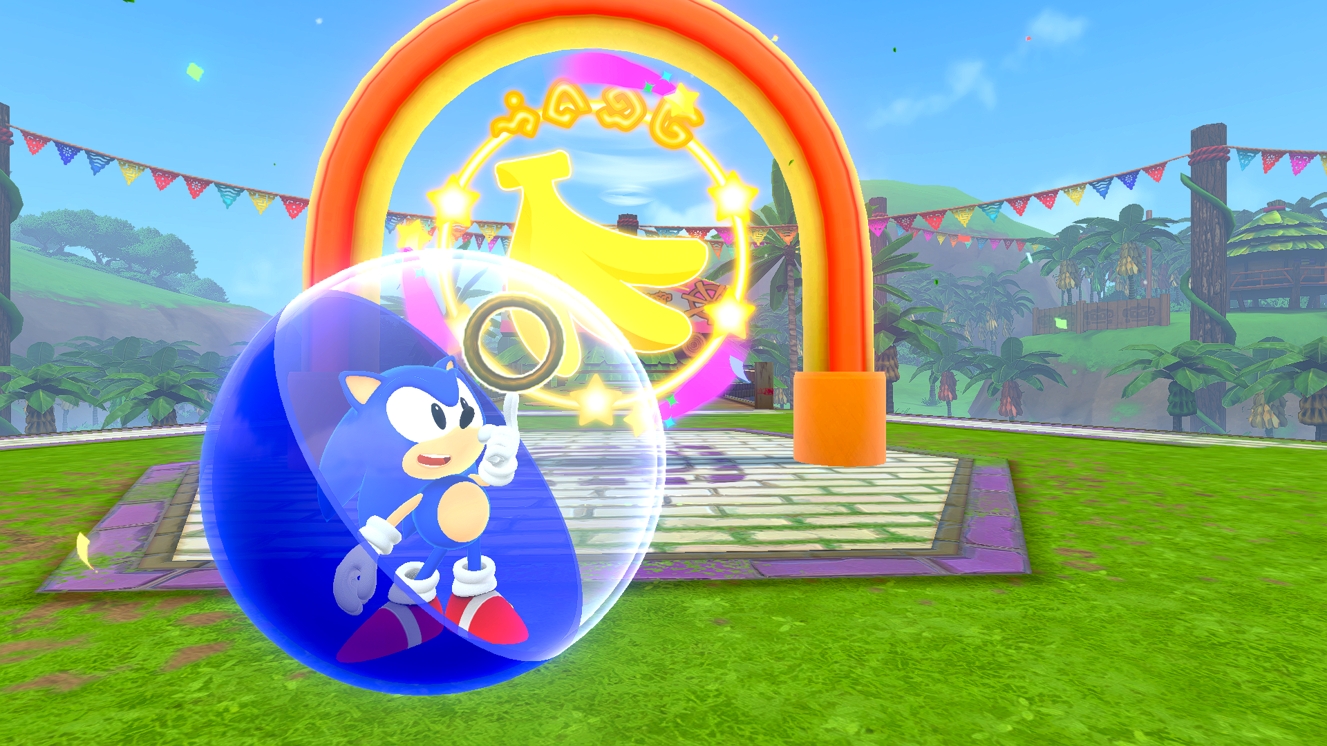 Sonic segura um anel em Super Monkey Ball: Banana Rumble.