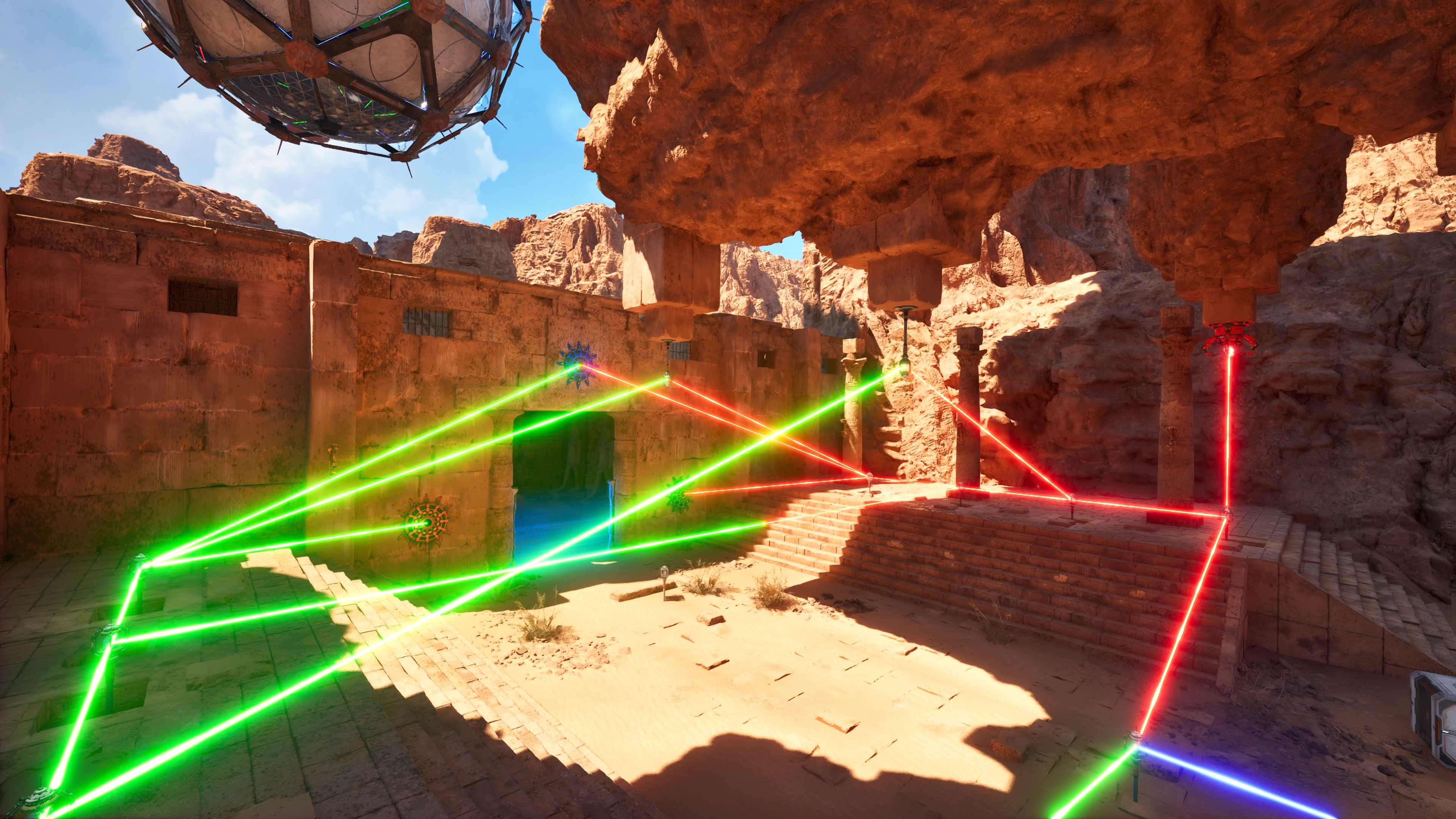 Um complexo quebra-cabeça de laser aparece em um deserto em The Talos Principle 2.