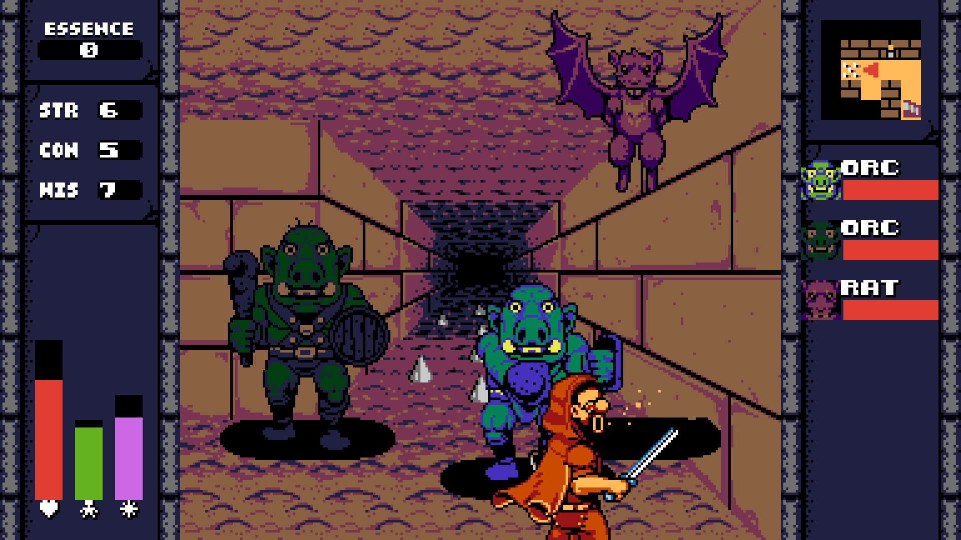 A character fights monsters in a UFO 50 minigame.