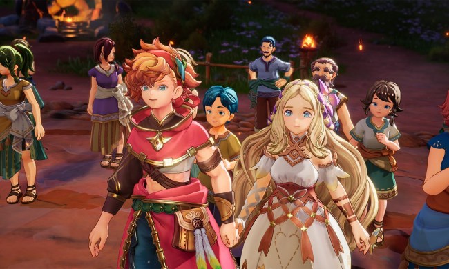 Val and Hinna standing side by side with other characters strewn in the background.
