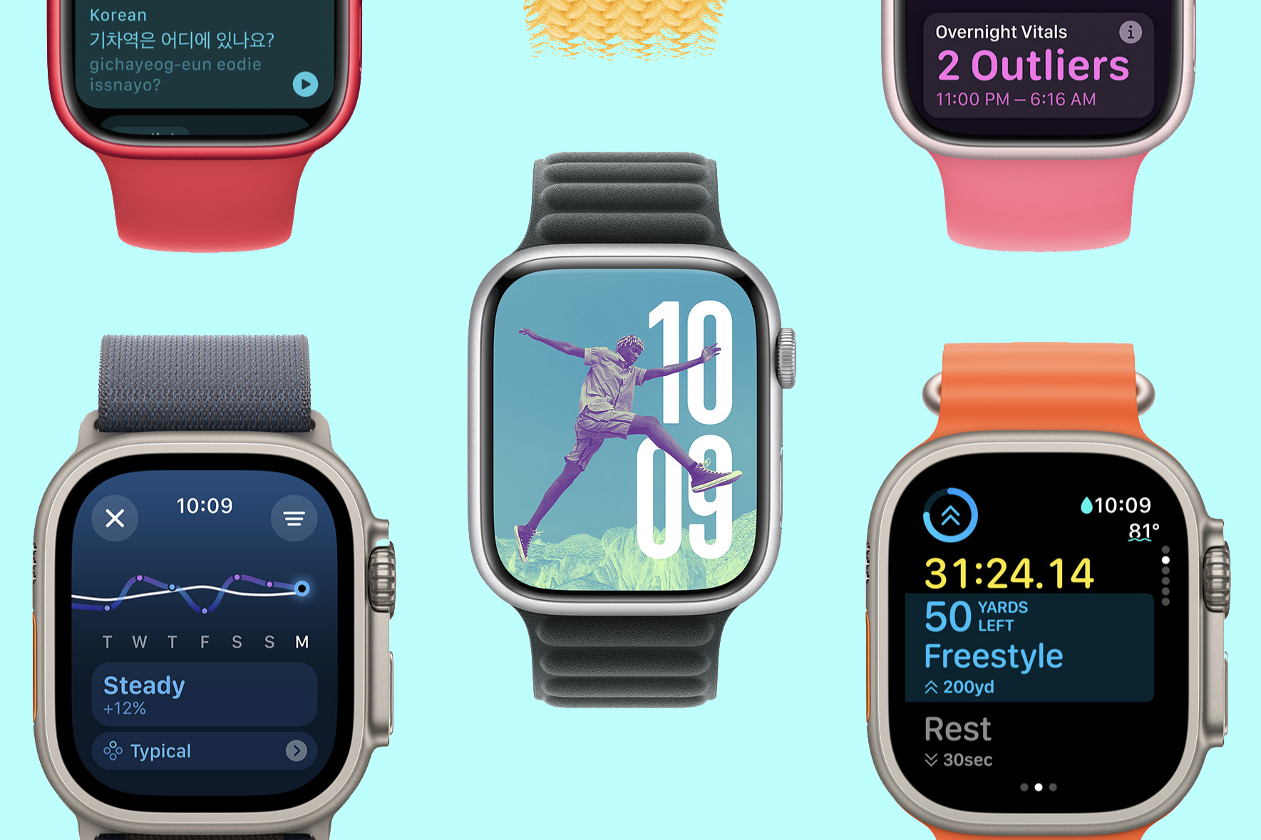 Multiple Apple Watches running watchOS 11.