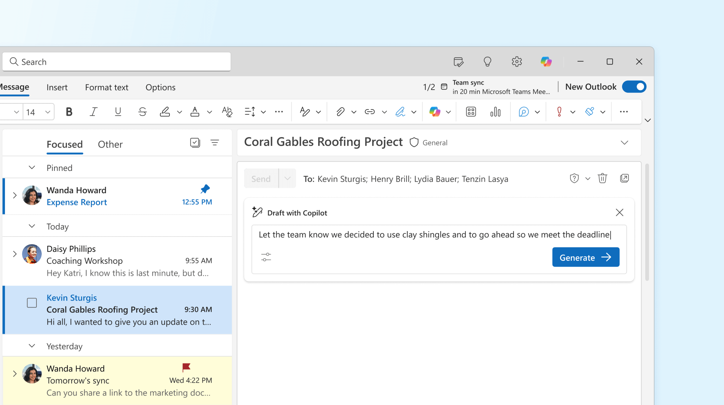 Using Copilot to generate an email